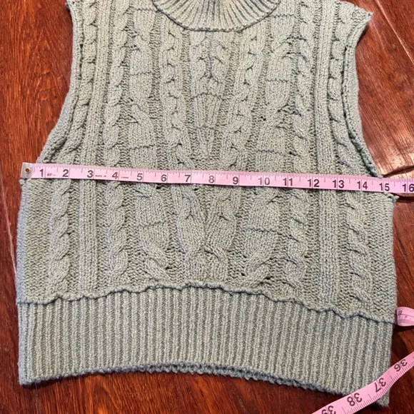 Free People Cropped Cable Knit Sleeveless Turtleneck Sweater in Mountain Mint - Picture 5 of 9